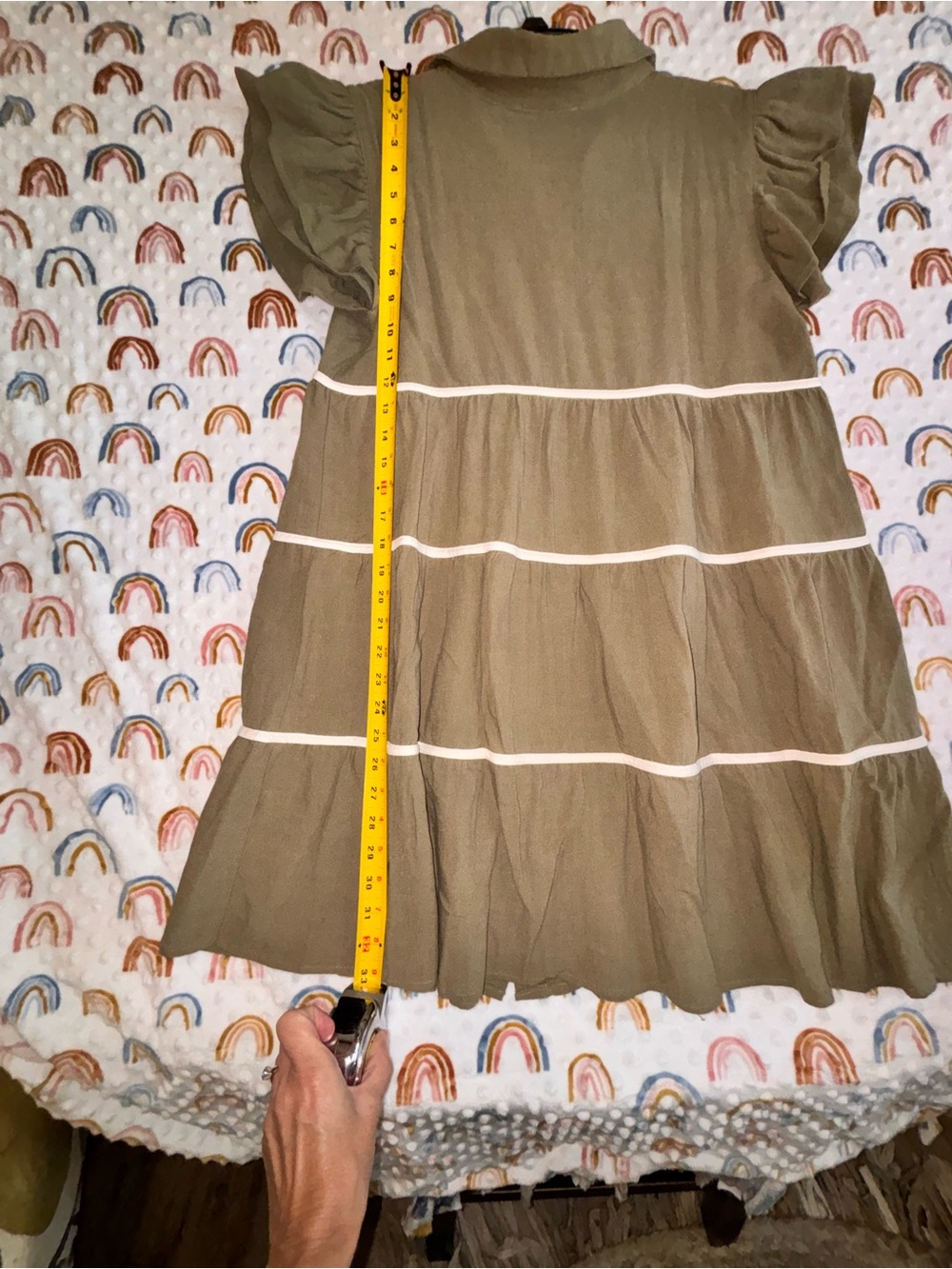 She + Sky Olive Green Tiered Button-Front Dress with White Trim - Picture 5 of 5